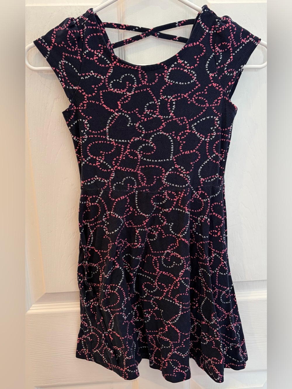 Girls Dress Navy Pink Heart Print Cap Sleeve, Size Small